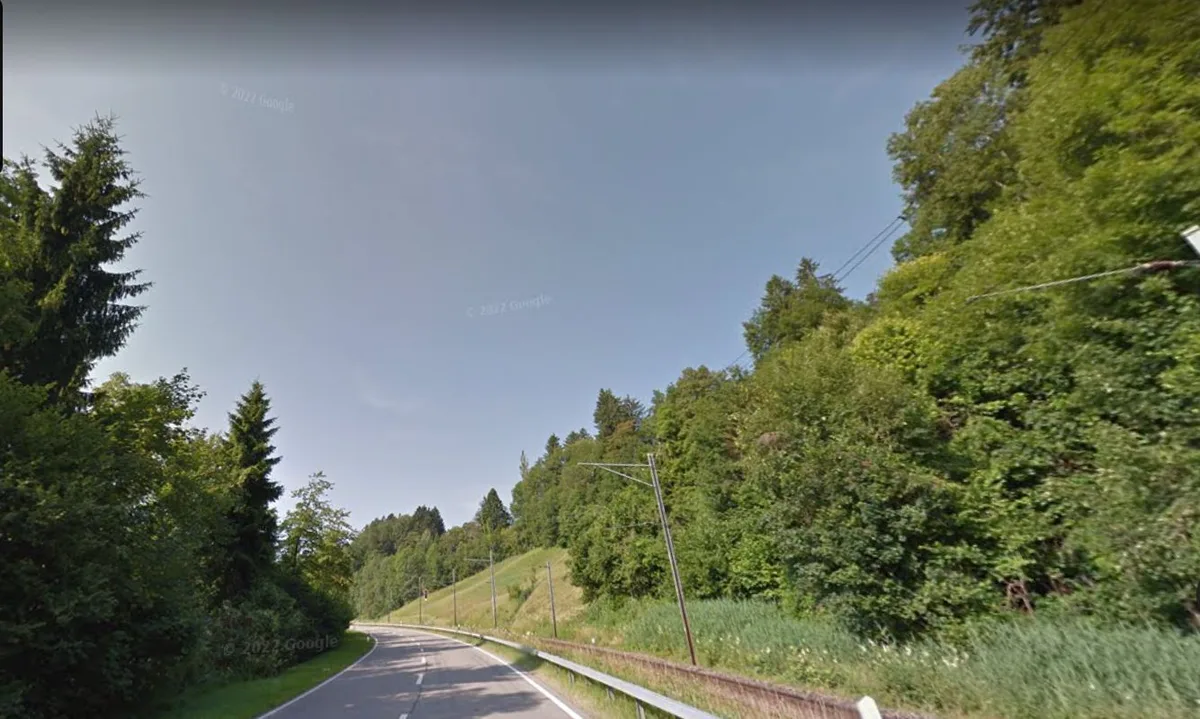 Strasse, Bahnlinie, Wald und Hang bei Au (Saland).
